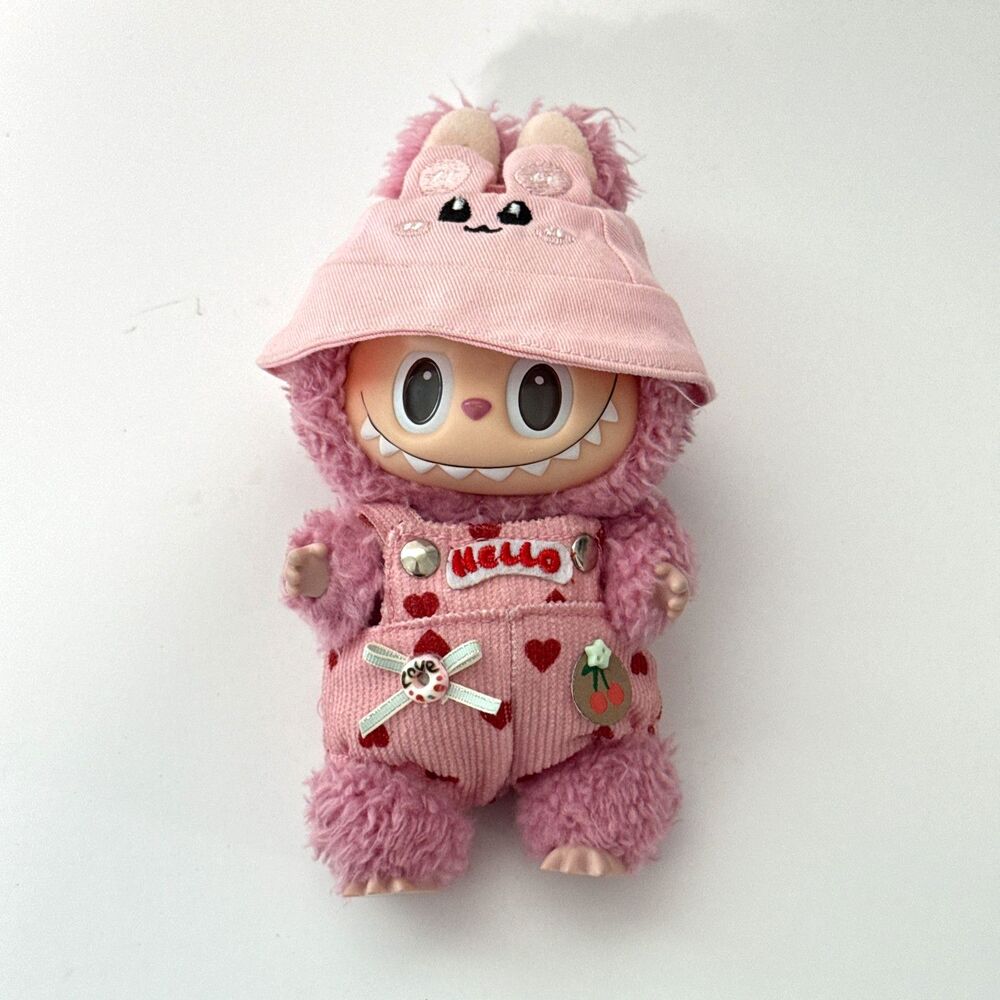 POP MART Labubu The Monsters Pink Plush Doll Kasing w/ Overalls Hat Outfit